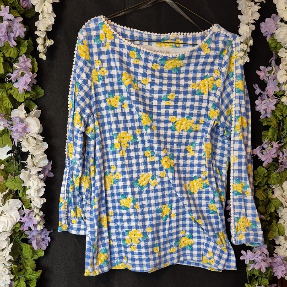 Kim Rogers Blue Gingham Long Sleeve Top with Yellow Floral Print